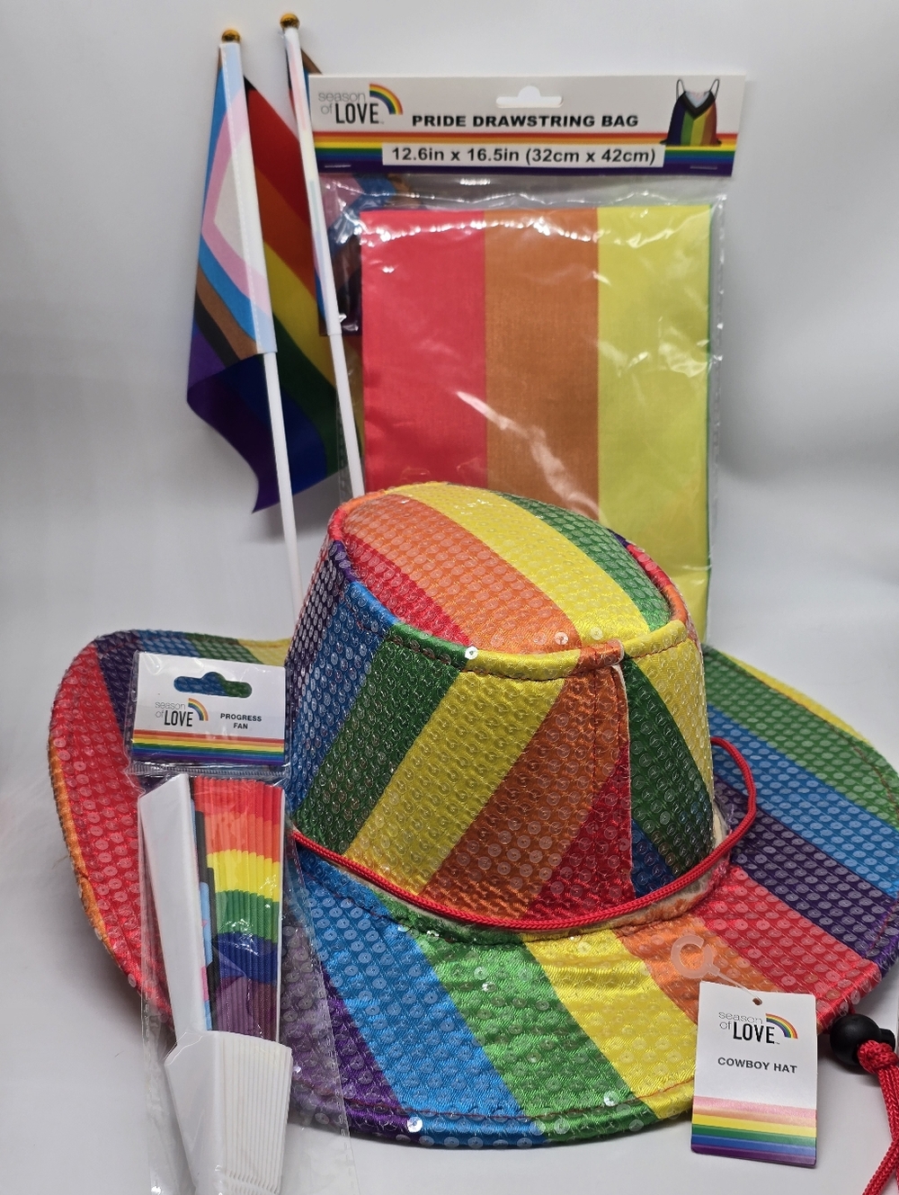 Pride Bundle- Cowboy Hat, 2 Flags, Drawstring Bag and Foldable Fan